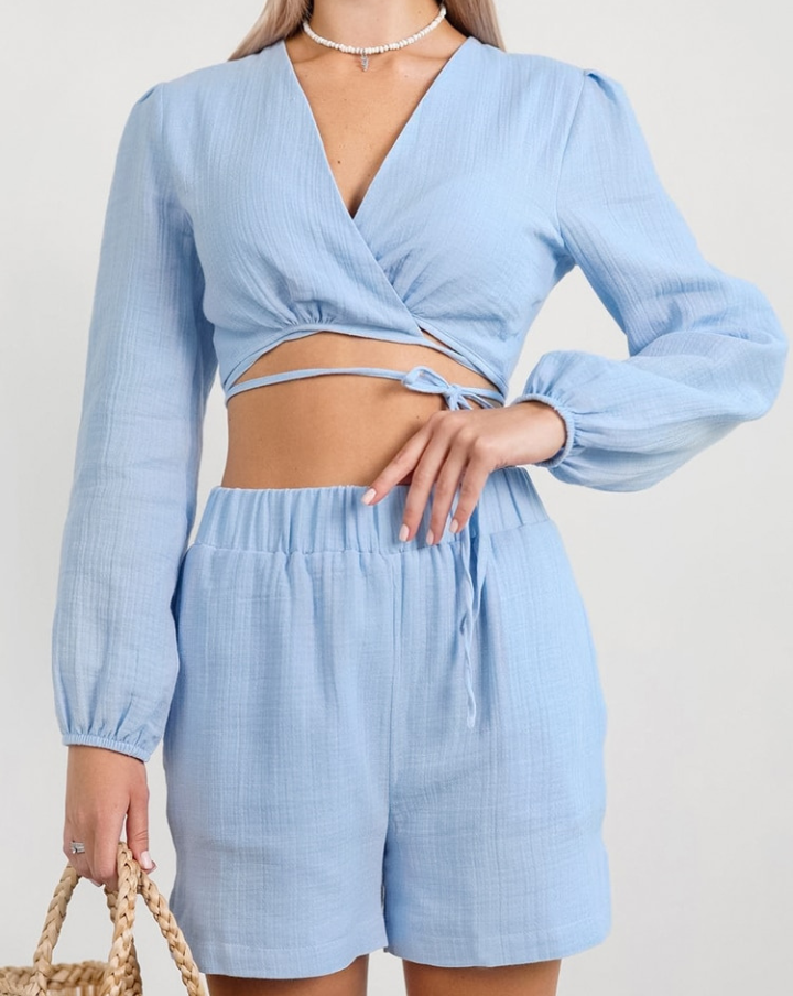 Pyjama deux pièces bleu en col V