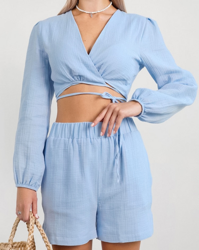 Pyjama deux pièces bleu en col V