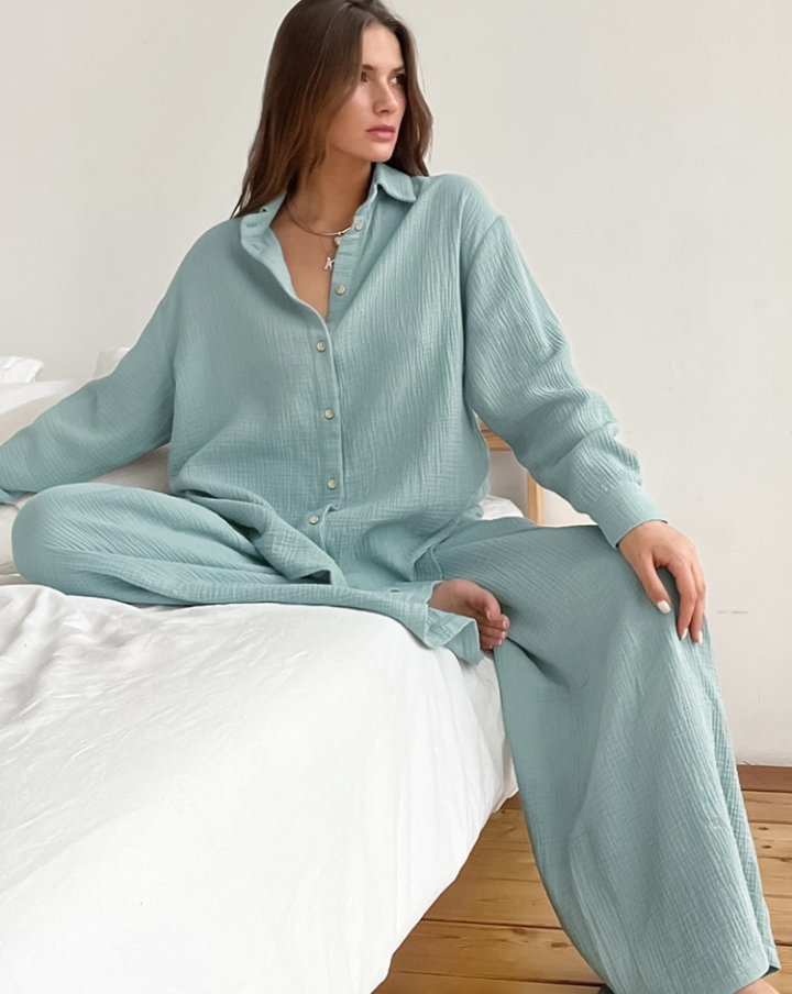 Pyjama pantalon turquoise en coton