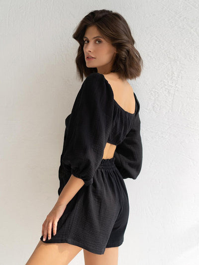 Pyjama short avec noeud en coton noir