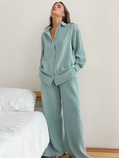 Pyjama pantalon turquoise en coton